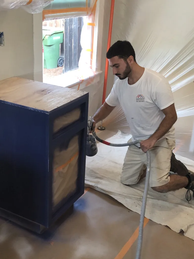 painting kitchen cabinets with hvlp gun in color blue