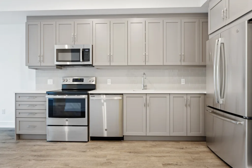 gray kitchen cabinets redo with great lighting