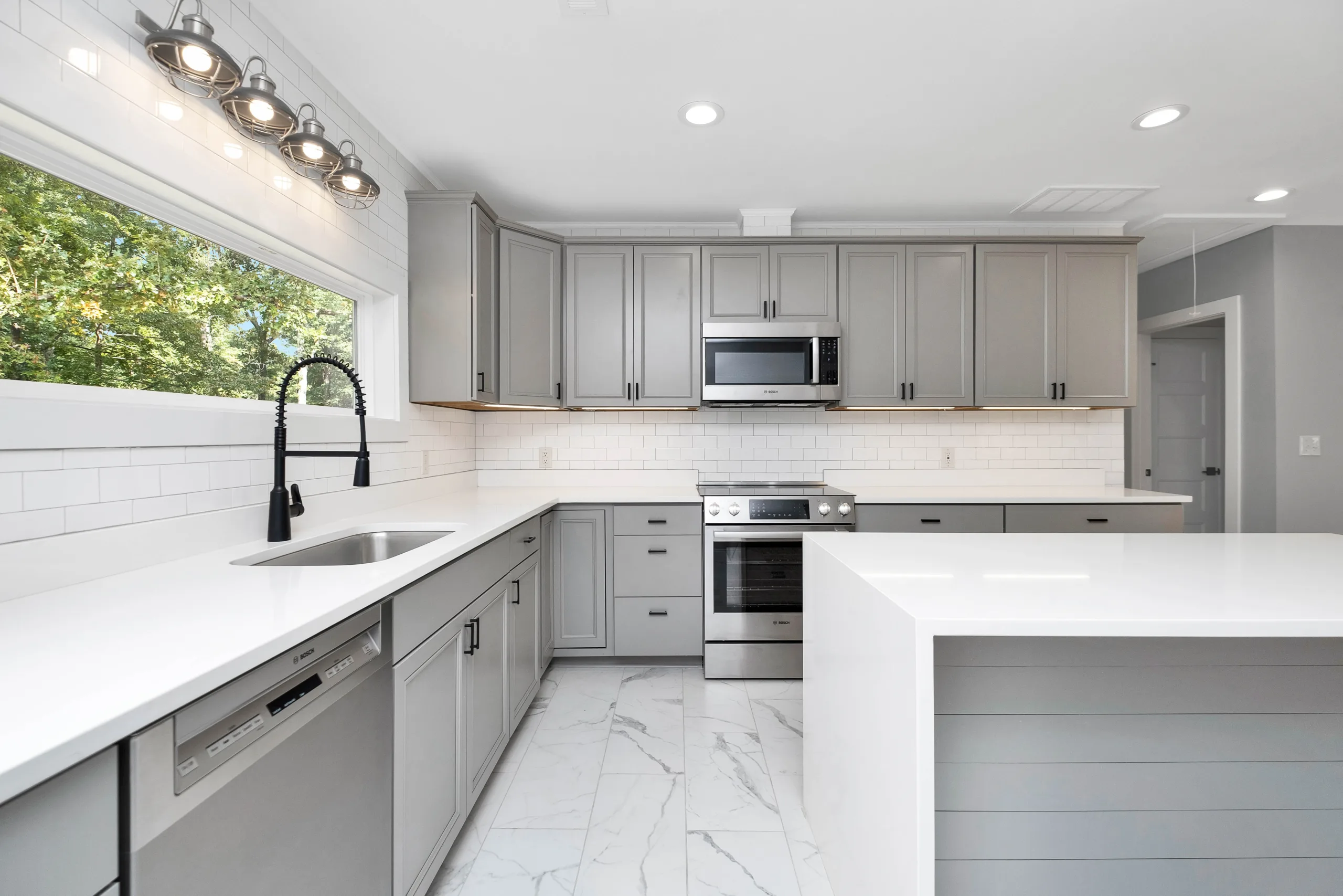 gray kitchen with lighting