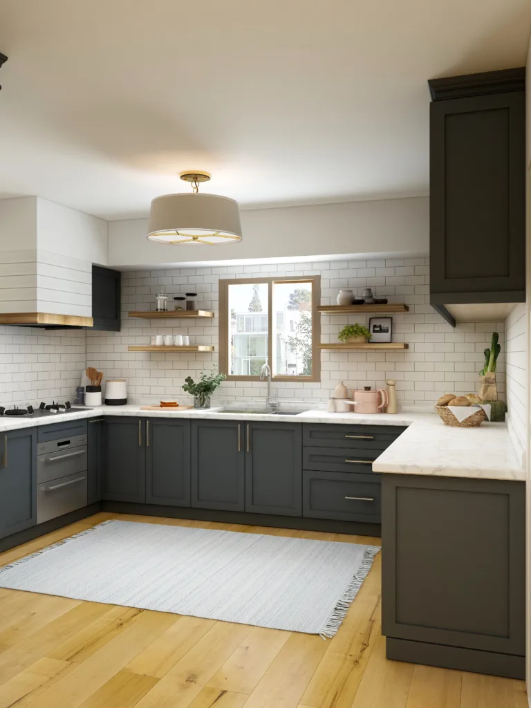 a gray-ish black modern painted kitchen cabinet